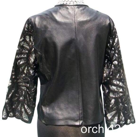 Cache Laser Cut Leather Lace Swing Jacket Top New Peek A Boo Black White $398 - Picture 4 of 6